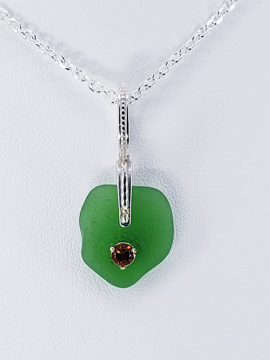 Sterling Silver and 14K Yellow Green Seaglass and Citrine Pendant