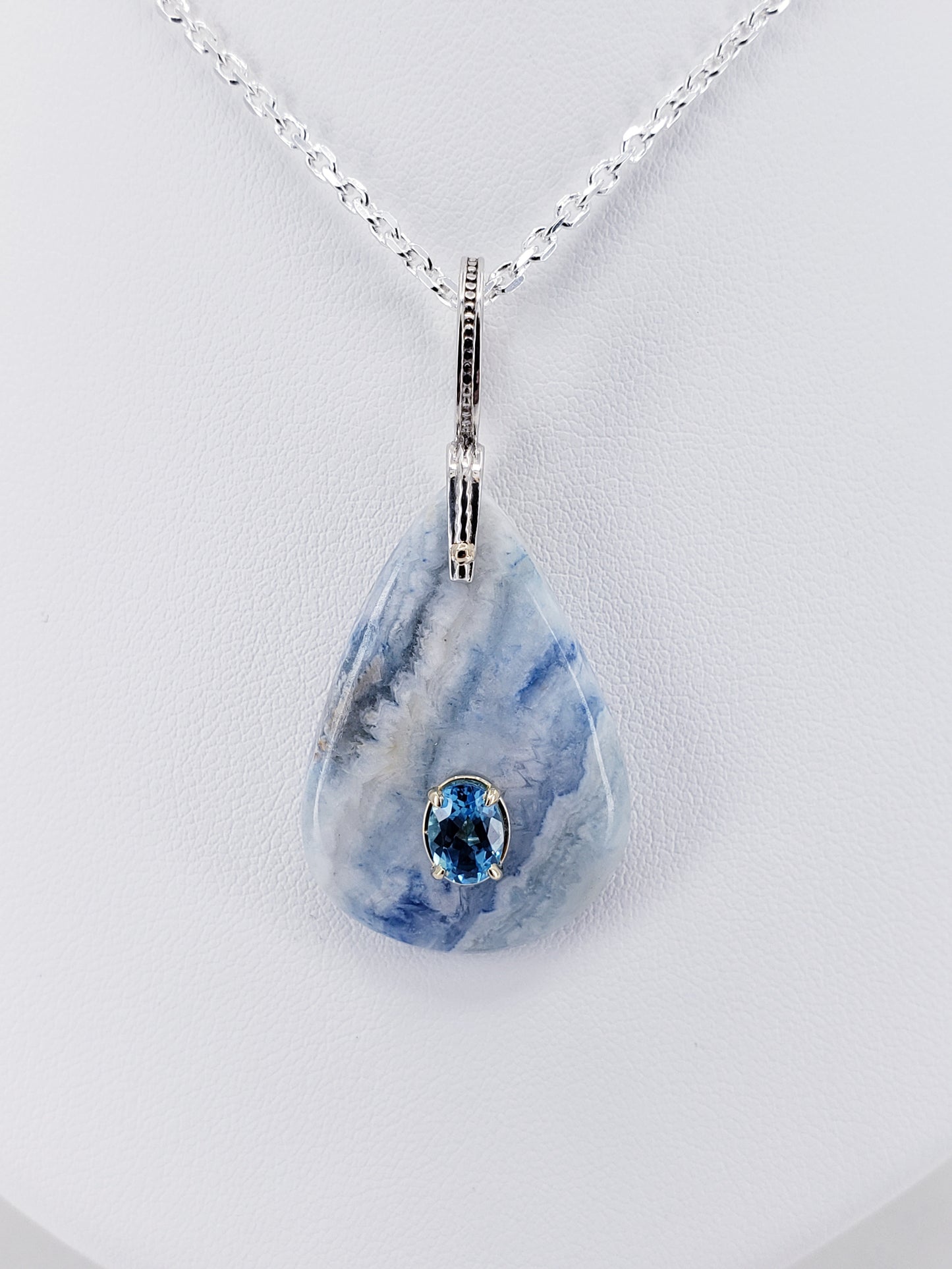 Sterling Silver and 14K Blue Topaz in Agate Pendant