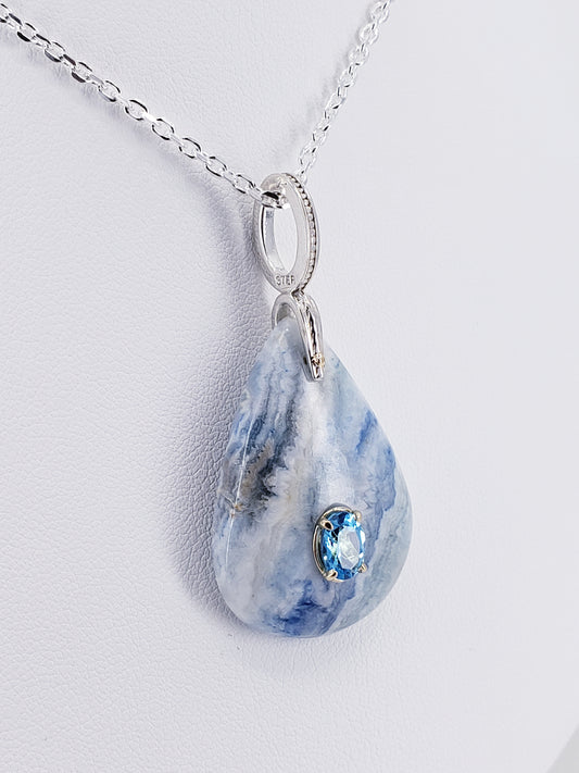 Sterling Silver and 14K Blue Topaz in Agate Pendant